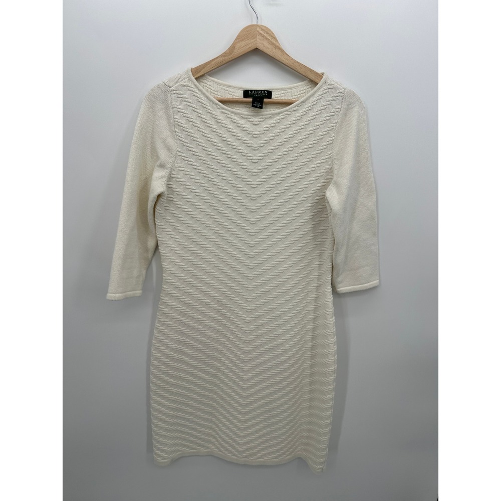 Lauren Ralph Lauren‎ Cream Chevron Textured Knit 3/4 Sleeve Sheath Dress Large